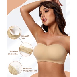 DOCUMO Strapless Bras for Women Padded Bandeau Bra Non-Slip Silicone Seamless Wireless Comfy Tube Top 2 Packs (Black + Beige, X-Large)