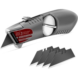 HAUTMEC Heavy-Duty Retractable Utility Knife, Aluminum Box Cutter with 3-Position Fixed Cutting Depth, Quick-Change Blade Design, Ergonomic Grip, Includes 4 SK2H Blades – HT0247