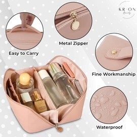 KRON Makeup Organizer Travel Makeup Bag – Waterproof TPU Cosmetic Bags for Women – Luxury Travel Makeup Bag for Brushes, Mini Toiletries – Elegant and Practical Make Up Bag (Brown)