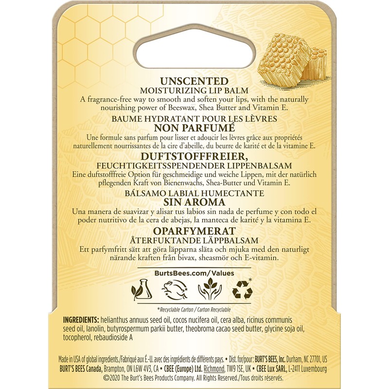 Burt's Bees® 100% Natural Moisturising Lip Balm, Odourless with Beeswax