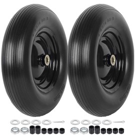 (2-PACK) 4.80/4.00-8" Tire and Wheel - Universal Fit 16" Flat Free Solid Wheelbarrow Tires with 3" Hub and 5/8" Bearings – Extra Adapter kit includes 3/4" Ball Bearings, 1" and 1/2" Nylon Spacers
