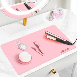 Silicone Makeup Mat for Vanity, 21.7" x 11.8" Heat Resistant Vanity Mat, Easy to Clean Water and Oil Resistant Vanity Protector Mat, Portable Heat Mat for Curling Iron for Use While Traveling (Pink)
