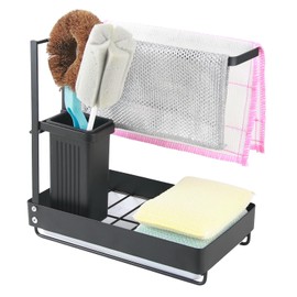 JASKFG Stainless Steel Kitchen Sink Organiser with Towel Holder, Drain Pan, Utensil Holder, Sponge Holder, Brush Holder(Black)
