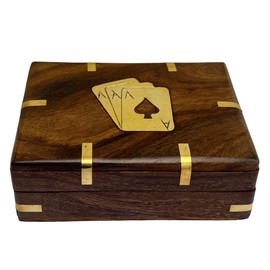 Thorness Elegant Black Wooden Playing Card Box with Brass Accents - Handcrafted Single Deck Storage