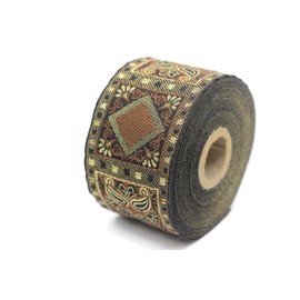 11 Yard Spool 1.96" Geometric Brown and Metallic Gold Woven Trim Jacquard Ribbon Vintage Costume Trims Home Decor 50587-V2