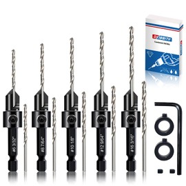 DKIBBITH 12-Piece Countersink Drill Bit Set with 5 Spare Bits, 2 Limit Rings, 1 Hex Key, 2 Screws & Case - 3-in-1 Wood Countersink Bit for #6#8#10#12#16 Screws, 82°Chamfer, Depth Adjustable.
