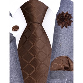 GUSLESON Mens Dark Brown Tie for Wedding Solid Silk Plaid Checkered Necktie Pocket Square Cufflinks and Lapel Pin Brooch Set (6104-22)