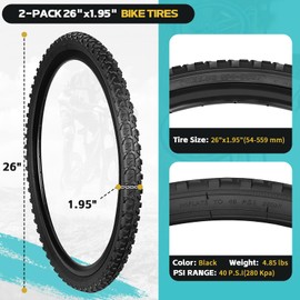 2 Pack 26 Inch Bike Tires 26 X 1.95 Inch Mountain Bike Tires or Set Folding Replacement with Inner Tubes Suitable for MTB Off-Road Bike (54-559mm)