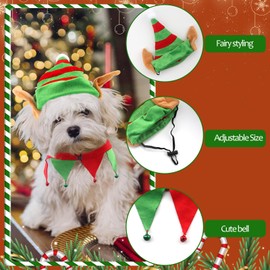 Threetols Dog Christmas Costumes Set, Dog Christmas Outfit Dog Cat Green Red Top Hat Outfit Funny Elf Xmas Hat and Collar with Bell Set for Puppy Winter New Year Holiday Accessories Supplies（L）