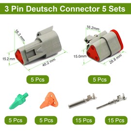 Twippo 3 Pin Deutsch Connector Kit 5 Sets, Gray DT Connector Kit, 3 Pin Automotive Waterproof Wire Connectors, Electrical Connectors Kit with 16# Stamped Contacts for Car, RV, Truck Wiring 22-16AWG