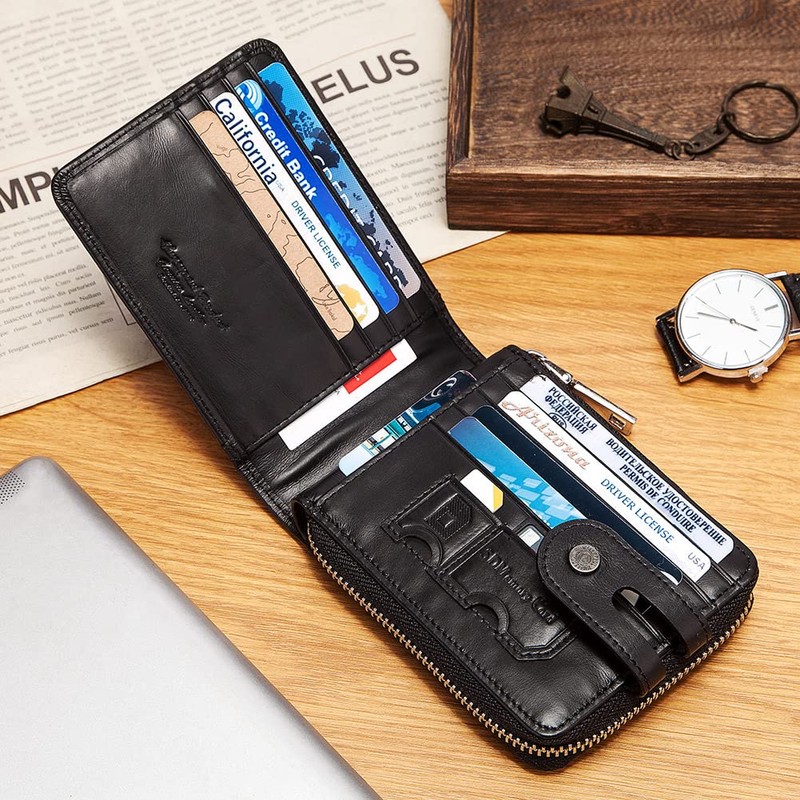 HUMERPAUL Mens Wallet Genuine Leather RFID Blocking Zipper Bifold Wallets