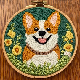 DIY Punch Needle Kits for Beginners Cute Cartoon Corgi Dog with Hoop Embroidery Punch Needle Starter Craft Set Easy for Adults and Children Festival Gift and Decoration 20x20cm-3