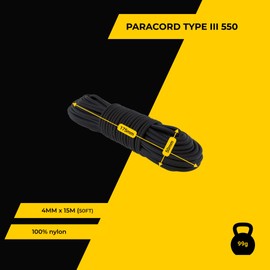 EdcX Paracord 4mm, 35+ Solid Colors (15m, 30m, 50m, 100m, 300m) | Ideal for Crafting, DIY, Camping, Survival, Outdoor | 100% Nylon Rope 4mm | Tactical Cord 550 Type III (Black, 15 m)