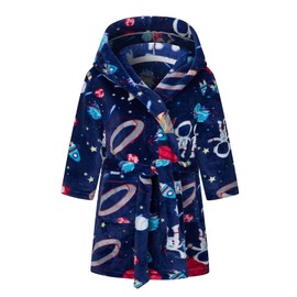 LANKMEI Boys Hooded Fleece Robe Cute Cartoon Pattern Bathrobe Comfy Plush Flannel Long Robes Toddler Winter Robe Sleepwear with Belt, Astronaut, Tag 110 = 4T