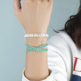 KELITCH Wickelarmbänder Damen Geflochtene weiße Howlite Perlen Strand Armbänder Naturleder Armreifen