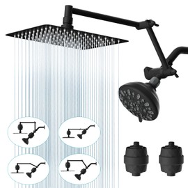 Filtered Shower Head Combo, 10" High Pressure Rainfall Shower Head with 7-Setting Fixed Shower, 16" Adjustable Foldable Shower Extension Arm, 20 Stage Shower Filter, Black