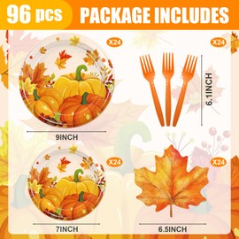 96PCS Thanksgiving Fall Pumpkin Party Supplies Autumn Maple Leaves Party Decorations Harvest Themed Paper Plates Cups Napkins Forks Tableware for Birthday Baby Shower Wedding 24 Guests