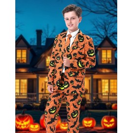 A&J DESIGN Boys Pumpkin Print Suit Bat Blazer for Kids Skull Jacket Coat Pants Set with Tie Cobweb 6 Years