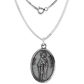 Sterling Silver St Paul Medal Necklace Oxidized finish Oval 24 inch CRB_50