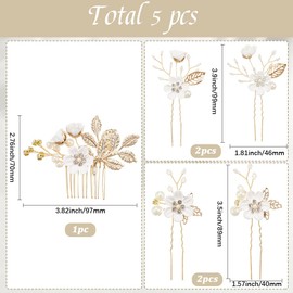 CABODYALS 5Pcs White Flower Hair Bobby Pins Combs Clips Accessories Set Vintage Sparkle Gold Floral Leaves Pearls Rhinestones Non Slip Barrette U Shape Pin for Women Wedding Bridal Bridesmaids Gifts