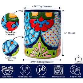 Talavera Utensil Holder - Hand Painted Ceramic Spoon Crock - Colorful Utensil Crock - Large Mexican Spoon Rest 6" H (Turquoise)