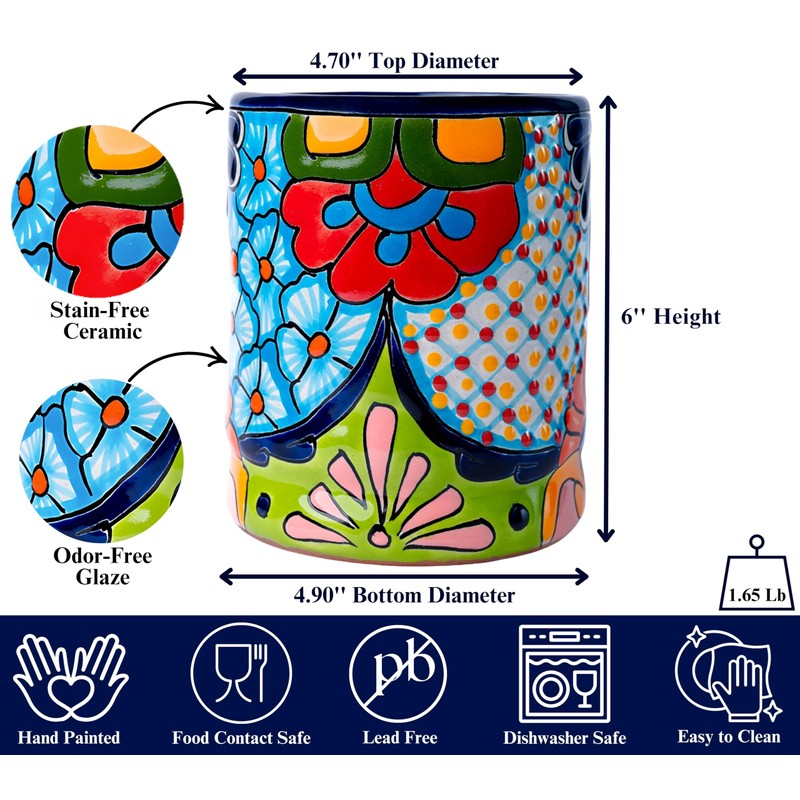 Talavera Utensil Holder - Hand Painted Ceramic Spoon Crock -