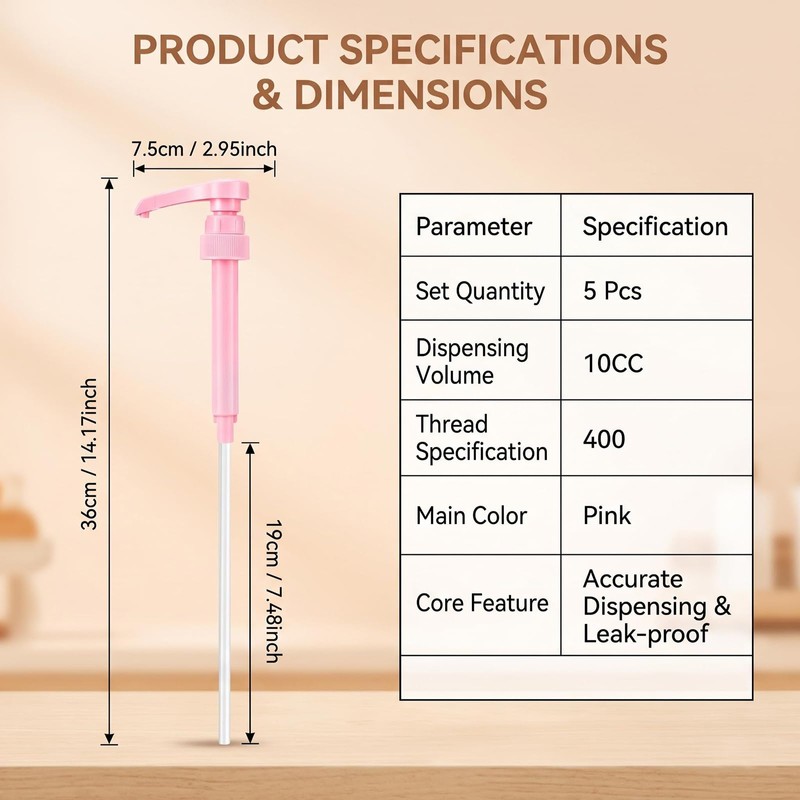 5 Pcs Syrup Dispenser Pump 10cc 28/400 Thread Pink (Pink)