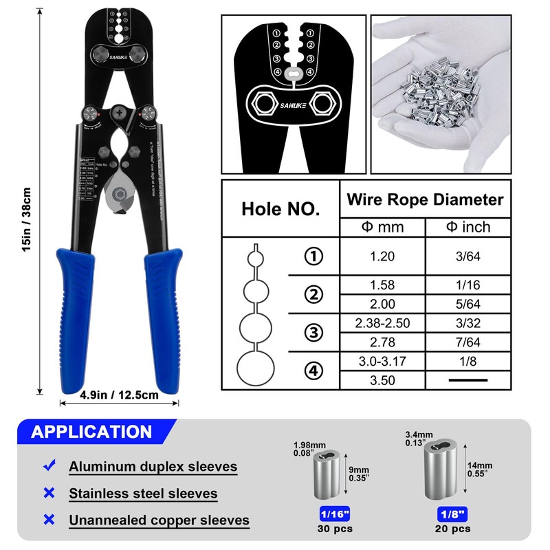 Sanuke Wire Rope Crimping Tool Kit, Professional Wire Rope Crimper