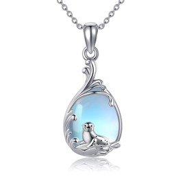 JERWLI Seal Necklace Sterling Silver Seal Pendant Necklace Moonstone Seal Jewelry for Female Seal and Ocean Lovers Gifts