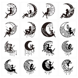 16 Sheets Moon Fairy Temporary Tattoos, Black Boho Crescent Angel Silhouette Stickers, Waterproof Body Art for Women Party Cosplay