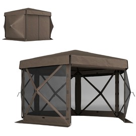 Outsunny 12' x 12' Hexagonal Pop Up Gazebo Canopy Tent with 5 Sidewalls, Waterproof Portable Outdoor Canopy Shelter with Curtains, Carry Bag, 5 Ropes, 11 Stakes for Camping, Garden, Patio, Brown