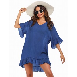 Ekouaer Women's Cover Ups for Swimwear Plus Size Bathing Suit Coverups Oversized Bikini V Neck Beach Covers Dress (Sky Blue, X-Large)