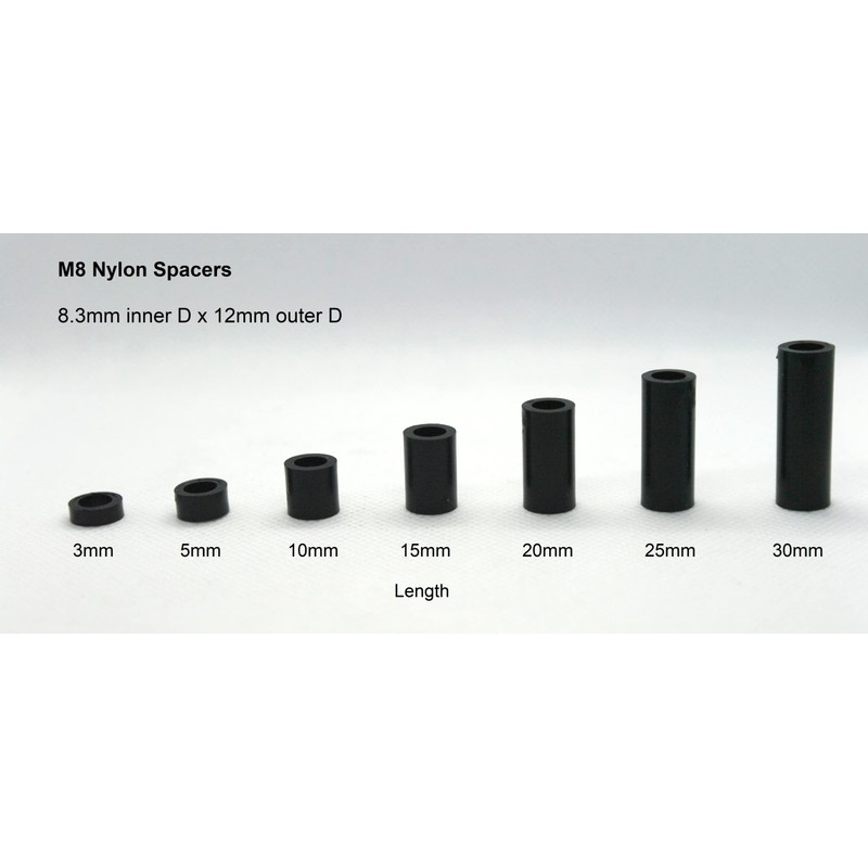 Spacers Nylon Black M8 x 12mm outer Diameter x 3mm