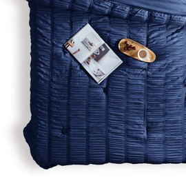 SLEEP ZONE Luxury Seersucker Queen Comforter Set 3-Piece, Soft & Lightweight Down Alternative Duvet Insert with Pillow Sham Cooling for Summer, Navy