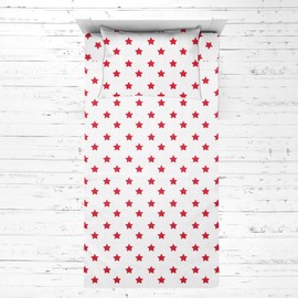 Bacati - Muslin Ikat Stars 3 Piece Neutral Toddler Bed Sheet Set 100 Percent Cotton Includes Fitted Sheet, Top Sheet, and Pillow Case (3 pc Toddler Bed Sheet Set, Red Stars)
