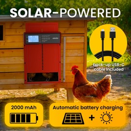 Okkobi Automatic Chicken Coop Door Solar Powered - LCD Display - Chicken Coop Door with Remote Control, Light Sensor & Timer - Security & Peace of Mind: Anti-Pinch Function - 5-Year Protection - Red