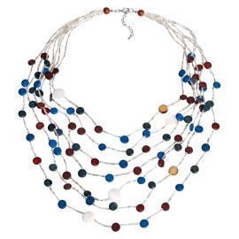 AeraVida Blue Elegance Coco Palm Wood and  Seashell Circles  Multi-Strand  Necklace