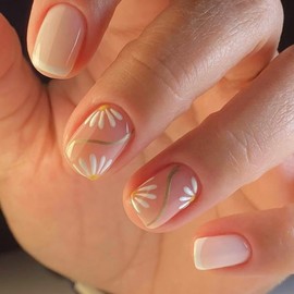 Short Square Press on Nails French Tip Fake Nails Nude Stick on Nails Flower Glue on Nails Spring Acrylic False Nails Full Cover Artificial Nails Glossy Fake Nails Reusable Nails Kit for Women Girls