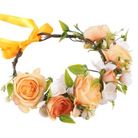 KorViSHOW Yellow Flower Crown Headband, Fairy Orange Rose Floral Headpiece, Adjustable Boho Flower Headband for Women Girls Wedding Festival Vacation Renaissance Party Hair Accessories
