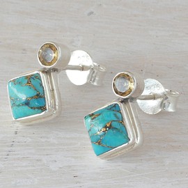 NOVICA Artisan Handmade Citrine Drop Earrings Indian with Composite Blue Turquoise Sterling Silver Reconstituted Gemstone Birthstone [0.6 in L x 0.4 in W x 0.2 in D] ' Turquoise Sparkle'