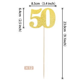 ZHUOWEISM 12 piezas de centro de mesa con purpurina para 50 cumpleaños, número 50, decoración para tartas, decoración de flores para 50 cumpleaños, aniversario, fiesta, centro de mesa, suministros dorados