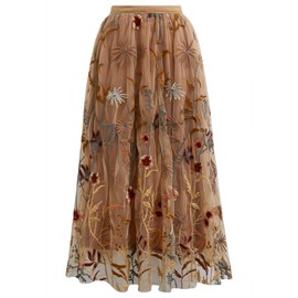 CHICWISH Women Floral Embroidered Tulle Skirt Flared A Line High Elastic Waist Mesh Double-Layered Midi Skirt, Camel, XX-Large-3X-Large
