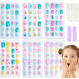 144Pcs Kids Stick on Nails - Pre-glue Full Cover Short Fake Nails for Kid - Kids False Nail Lovely Cartoon - Press on Nail for Children Girls Gift DIY Nail Art Nail Stickers (Pink Blue Green)
