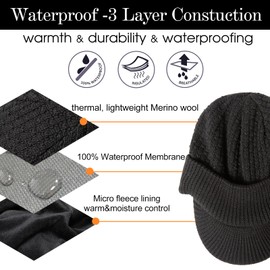 TOP-EX Waterproof Visor Beanie Hat for Men Winter Knit Skull Stocking Cap with Brim Women, Merino Wool & Fleece Lined & Water Proof Headwear for Cold Weather Black, Medium Large