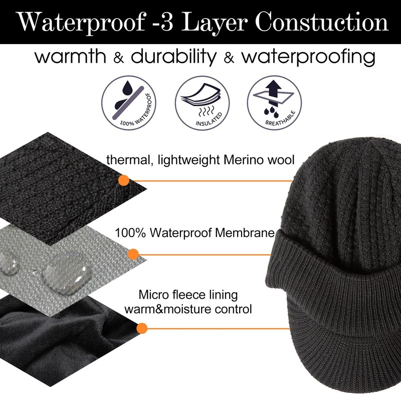 TOP-EX Waterproof Visor Beanie Hat for Men Winter Knit Skull