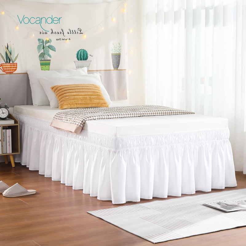 Vocander Double Bed Valance Sheet White, Bed Skirt Pleated Wrap