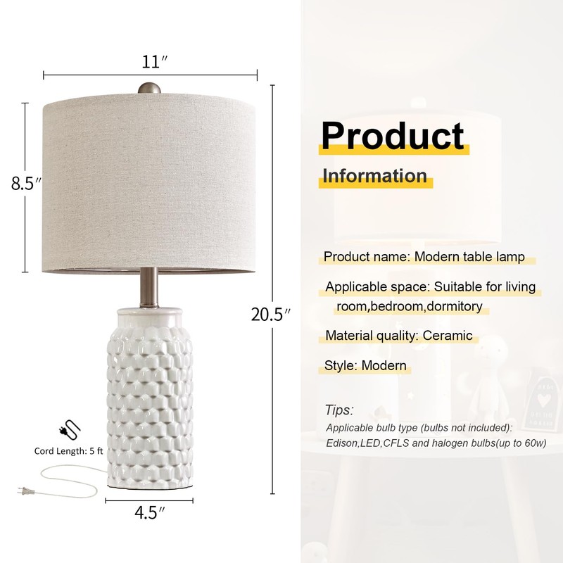 USumkky 20.5" White Modern Ceramic Bedside Lamp Set of 2