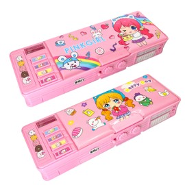 LilyBeauty 【2Pack】 Pop Up Multifunction Pencil Case for Girls, Cute Cartoon Pen Box With Locks, Sharpener, Schedule, Whiteboard, Best Gifts for Kids(2 Pink)
