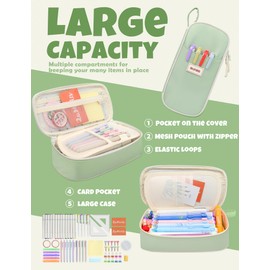 SUNEE Cute Pencil Case, Aesthetic Pen Pouch, Colored Large Pencil Bag with Zipper, Kawaii Stationery Storage and Organizer, Green School Supplies for Teen and Adult Girls