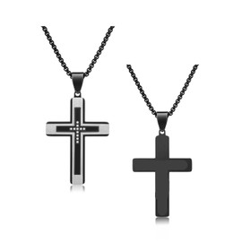 Zysta Crucifix Black Cross Necklace Stainless Steel Cubic Circonia Pendant Mens Cross Chain for Birthday Christmas Easter Thanksgiving Gift (Black Silver)